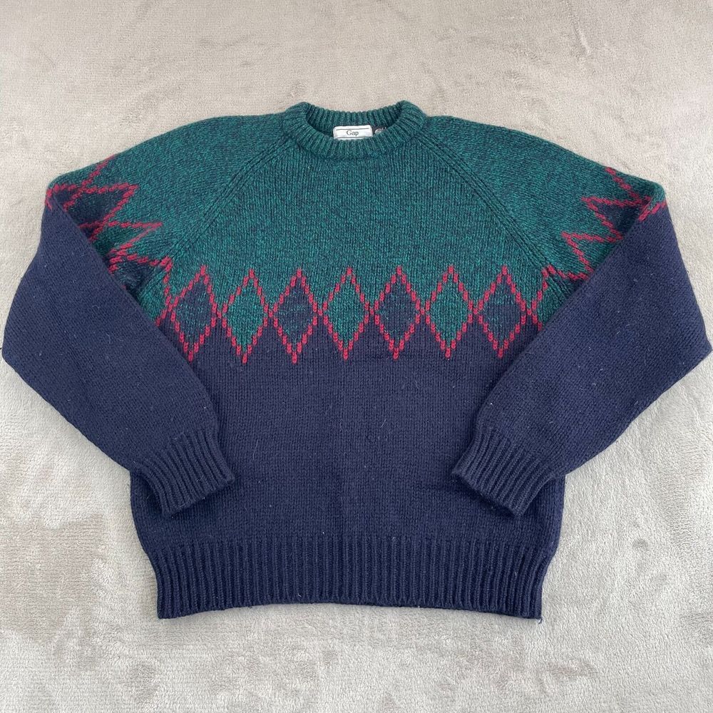 Vintage GAP Sweater Men Large Blue Green‎ 100% Wool Diamond Crew Neck Outdoors
